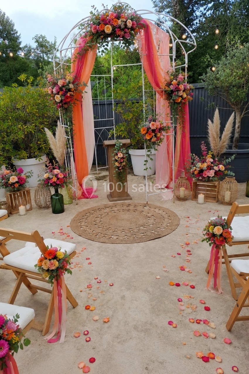 Arche de mariage décorée de fleurs colorées, entourée de chaises en bois et de pétales au sol dans un jardin.