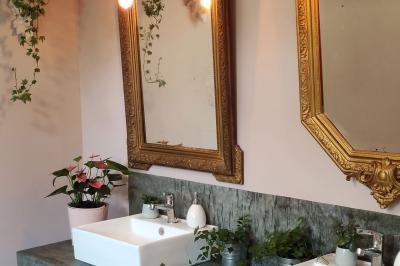 Miniature Location salle Gouesnou (Finistère) - La Cour des Grands #20 Allée bordée de buis en pots et d'un mur en pierre, avec pelouse et arbres en arrière-plan.