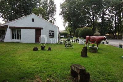 Un jardin verdoyant avec pelouse, arbres, arbustes et une charrette ancienne près d'un abri en bois.