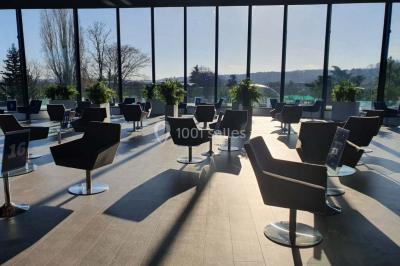 Miniature Location salle Le Port-Marly (Yvelines) - Les Pyramides #4 Tables rondes dressées avec nappes bleues alignées sur une pelouse, entourées d'arbres, avec un parc en arrière-plan.