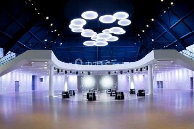 Miniature Location salle Le Port-Marly (Yvelines) - Les Pyramides #7 Tables rondes dressées avec nappes bleues alignées sur une pelouse, entourées d'arbres, avec un parc en arrière-plan.