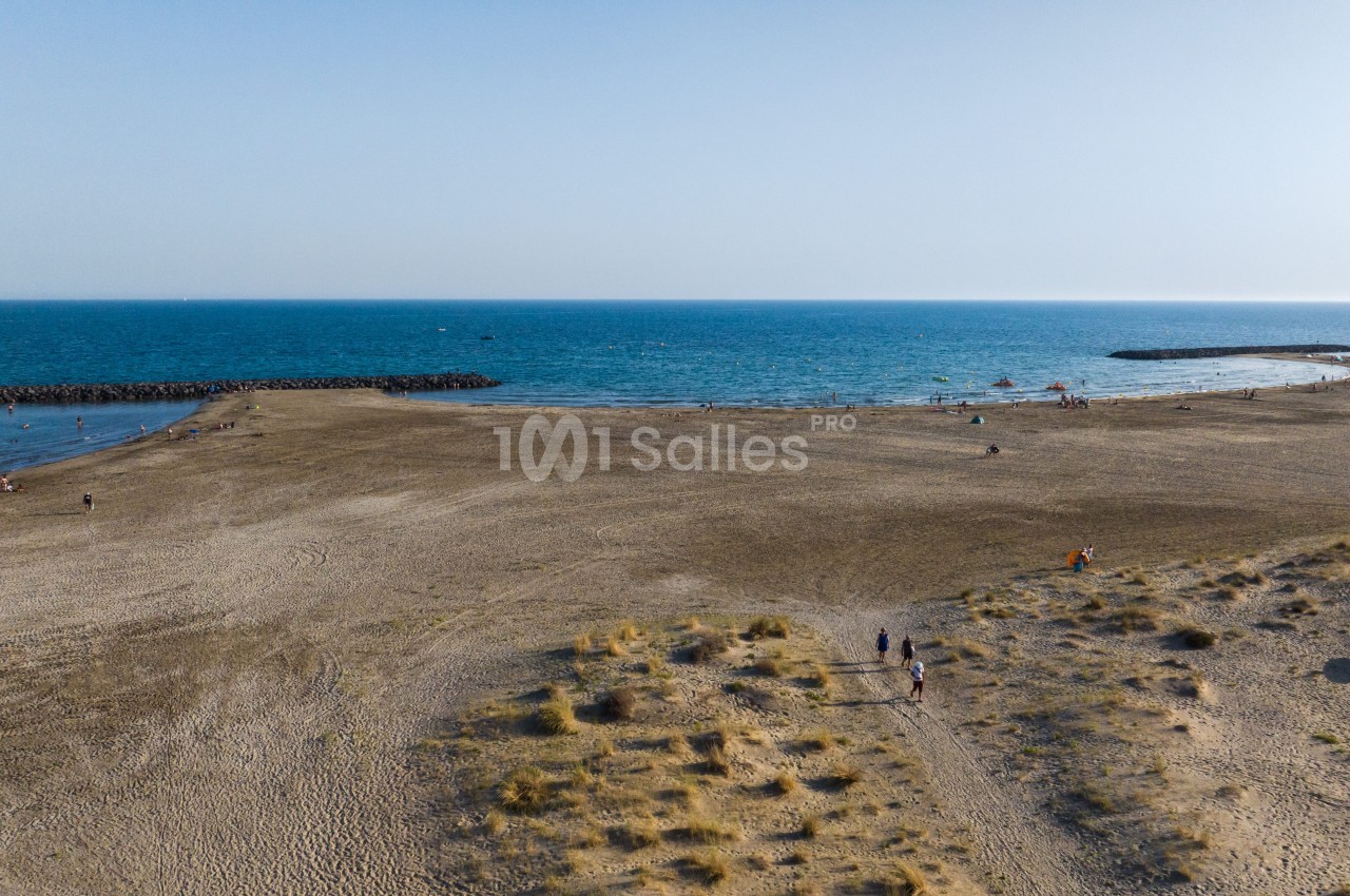 Vue aérienne d'une plage de sable avec quelques promeneurs, des dunes au premier plan et la mer en arrière-plan.