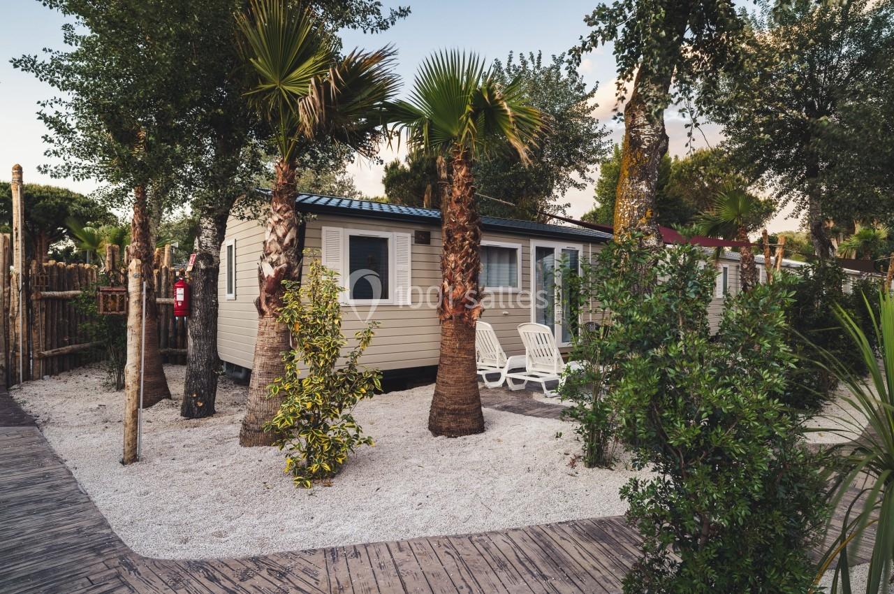 Mobil-home entouré de palmiers et de végétation, avec deux chaises blanches sur une terrasse en bois.
