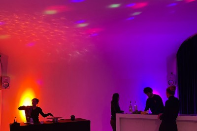 Grand arbre en pot éclairé par une lumière verte dans un salon moderne avec canapé, tables et vases de fleurs.