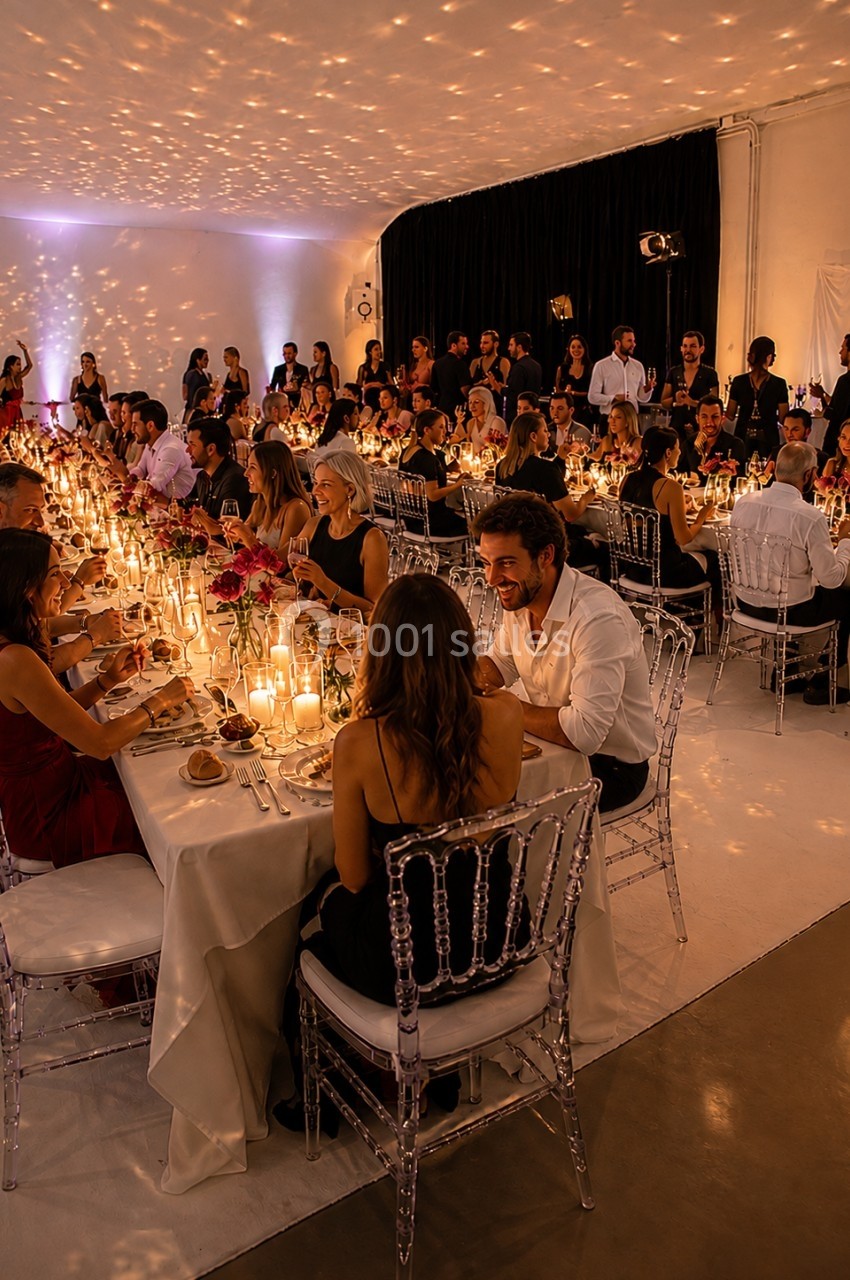 Location salle Paris 20 (Paris) - Studio 7 #21 Salle de réception illuminée avec des invités dînant à de longues tables décorées de bougies et de fleurs.