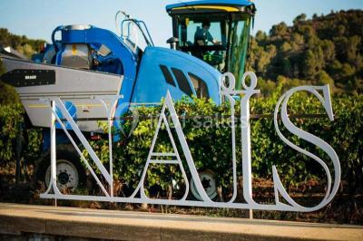 Salle lumineuse avec murs blancs et rouges, sol en carrelage beige, poutres apparentes et comptoir en pierre au fond.