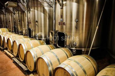Salle lumineuse avec murs blancs et rouges, sol en carrelage beige, poutres apparentes et comptoir en pierre au fond.