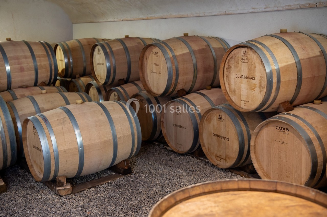 Location salle Rognes (Bouches-du-Rhône) - Domaine Naïs #8 Fûts en bois alignés dans une cave, utilisés pour le vieillissement du vin.