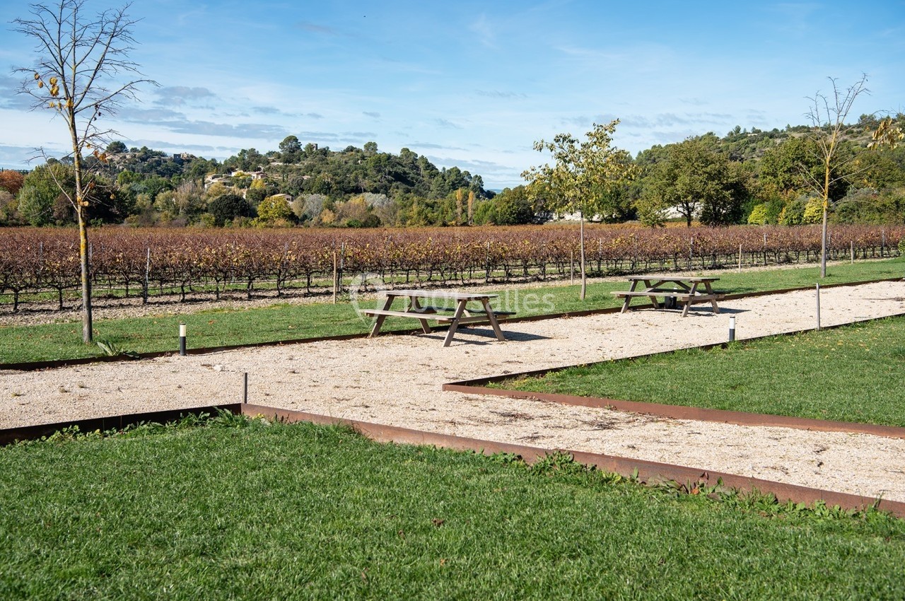 Location salle Rognes (Bouches-du-Rhône) - Domaine Naïs #10 Allée bordée de pelouse avec tables de pique-nique en bois, vignes et collines en arrière-plan sous un ciel bleu.