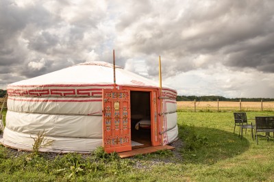 Miniature Location salle Aubepierre-Ozouer-le-Repos (Seine-et-Marne) - Grande Yourte de Réception #20 Assiette gastronomique avec une entrée raffinée composée de légumes, sauce jaune et décoration florale comestible.