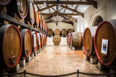 Une voiture bleue traverse un chemin bordé de vignes et de murets en pierre sous un ciel dégagé.