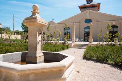 Une voiture bleue traverse un chemin bordé de vignes et de murets en pierre sous un ciel dégagé.