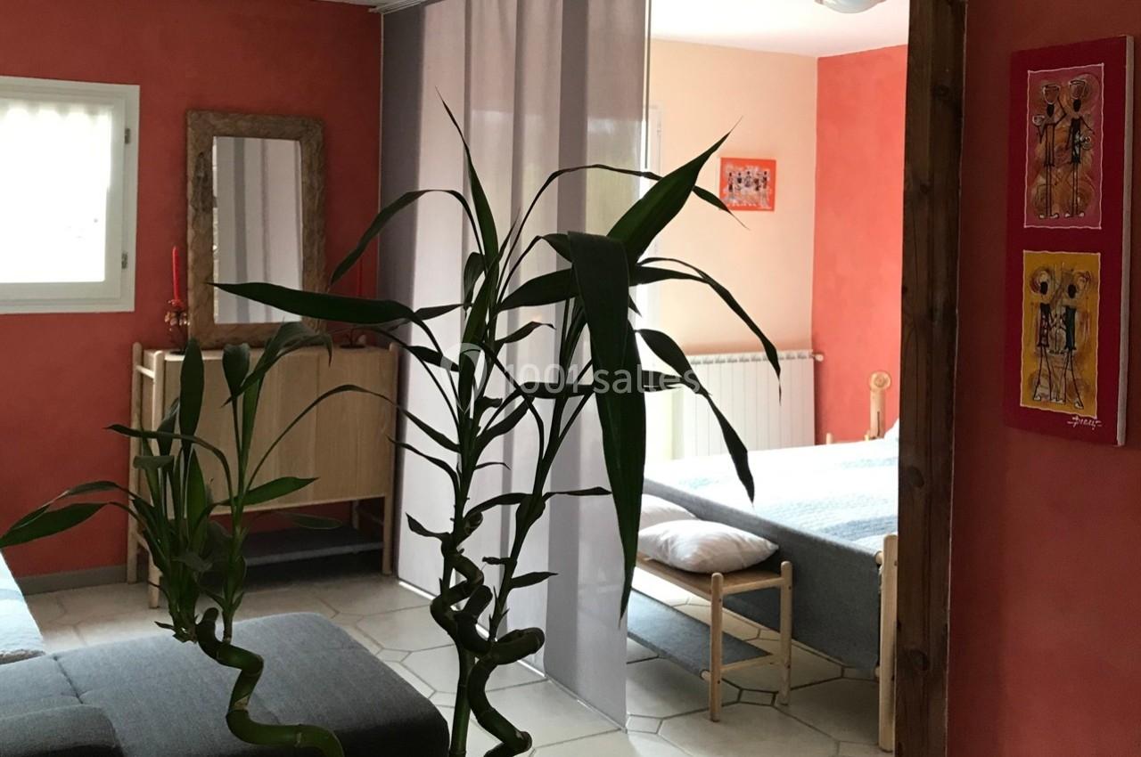 Plantes vertes en premier plan dans un salon aux murs rouges, avec vue sur une chambre séparée par un rideau clair.