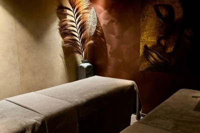 Miniature Aphrodite SPA Salle de massage tamisée avec deux tables recouvertes de draps bruns et une décoration murale apaisante.