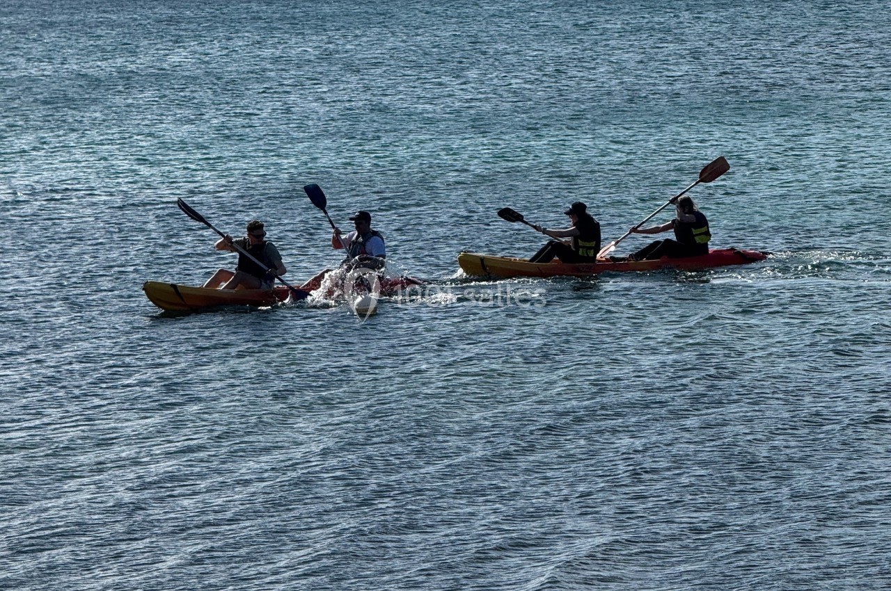 Cohésion sur le Terrain Les Pieds dans l'Eau Quatre personnes pagayant sur deux kayaks doubles dans une mer calme, avec des îles en arrière-plan.