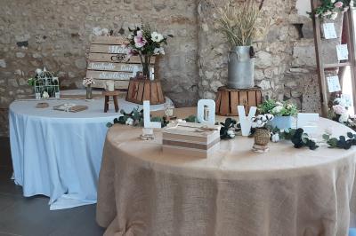 Miniature Location salle Bazoches-en-Dunois (Eure-et-Loir) - Ferme des Festivités #7 Décoration champêtre avec panneaux directionnels, fleurs, et accessoires pour un événement en extérieur.