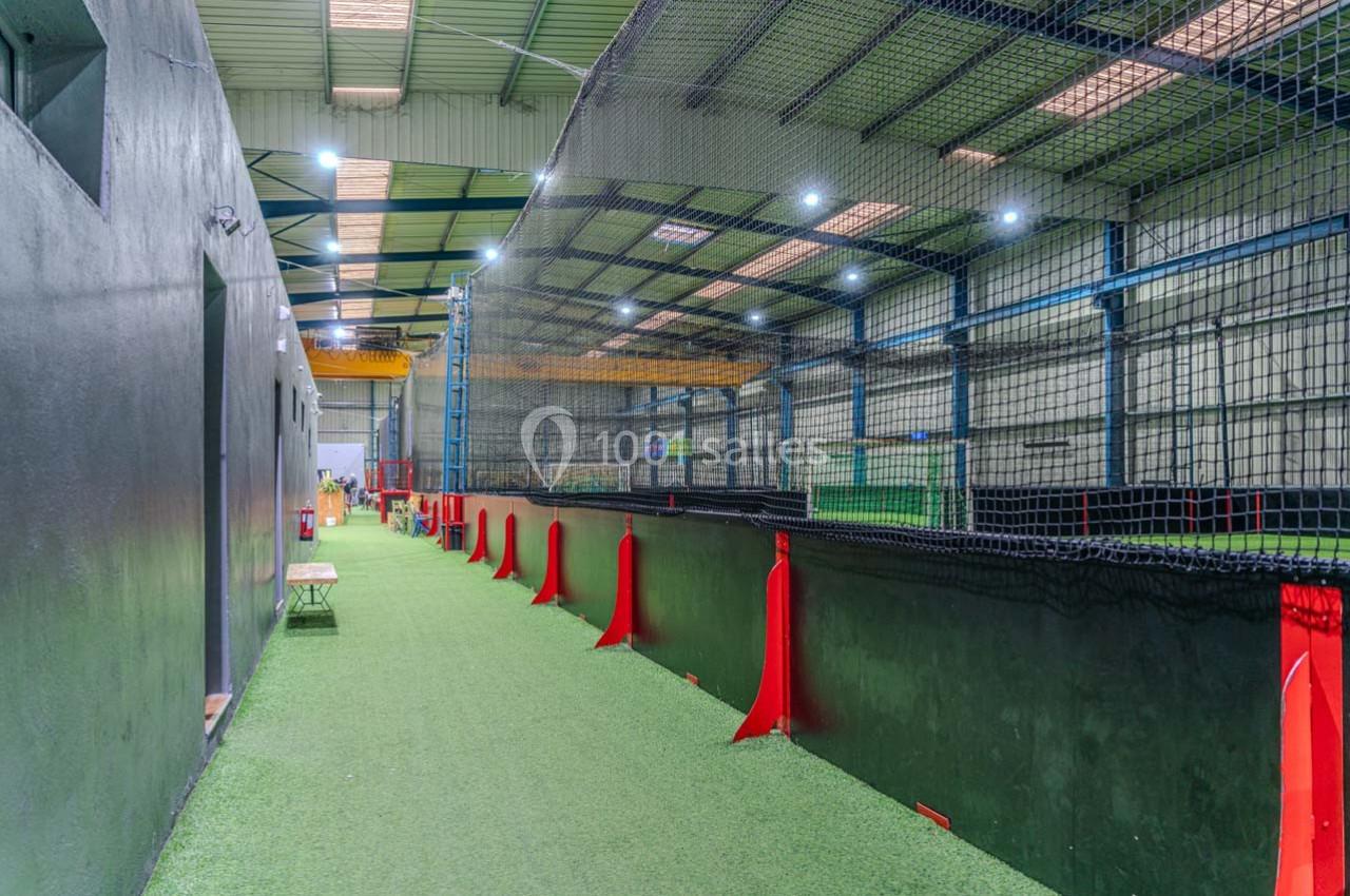 Terrain de sport intérieur avec gazon synthétique, filets de protection et éclairage artificiel.