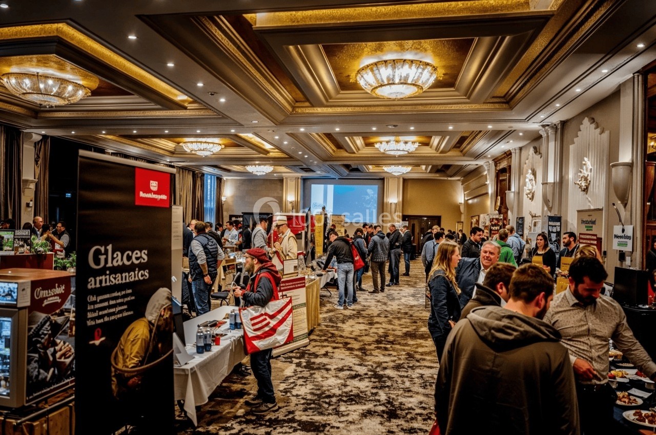 Des visiteurs échangent et découvrent des stands dans une salle d'exposition lumineuse au décor élégant.