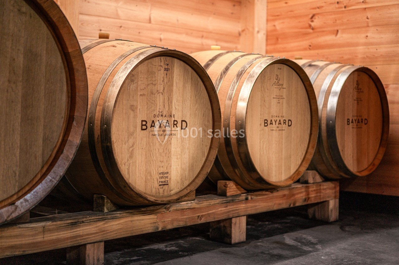 Trois fûts en bois alignés dans une cave, marqués ’Domaine Bayard’, sur un sol en béton et entourés de murs en bois.