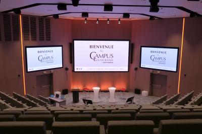 Miniature Location salle Louveciennes (Yvelines) - Campus BNP Paribas Louveciennes #6 Salle lumineuse avec décoration naturelle, comprenant un canapé en bois, une table en tronc d'arbre et des chaises colorées.