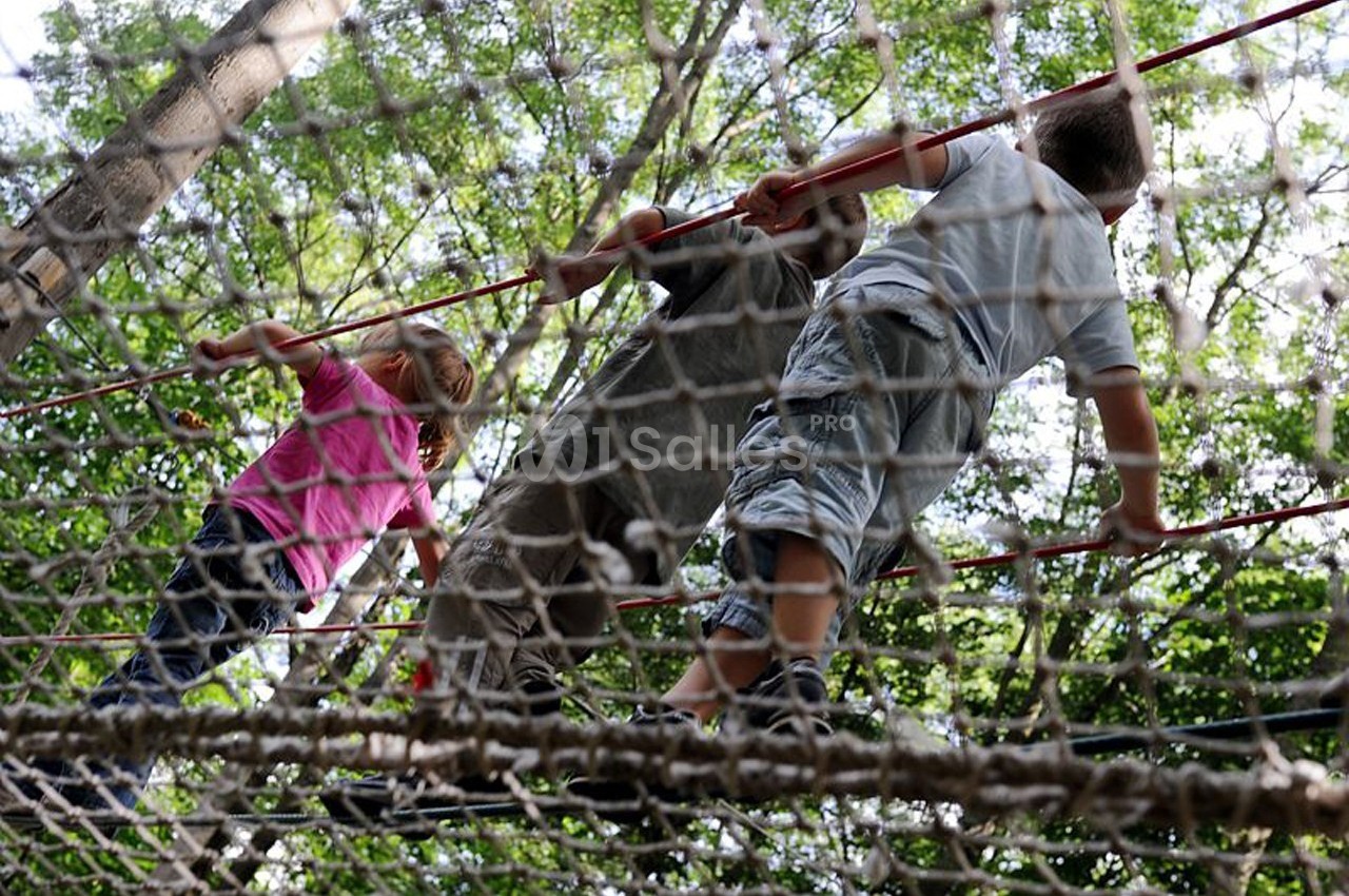 Des enfants traversent un pont de cordes suspendu dans une forêt, entourés de feuillage dense.