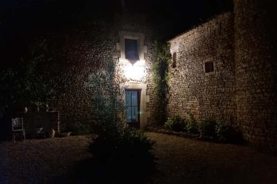 Miniature Location salle Cezais (Vendée) - Château de la Cressonnière #30 Un homme debout, bras ouverts, s'exprime devant un mur en pierre, avec une chaise en bois à côté de lui.
