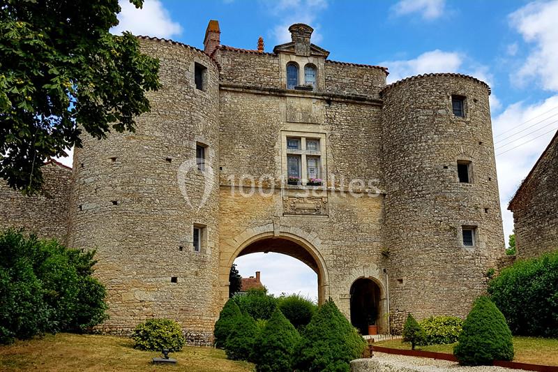 Entrée d'un château médiéval en pierre avec deux tours rondes, entourée de verdure et sous un ciel bleu.