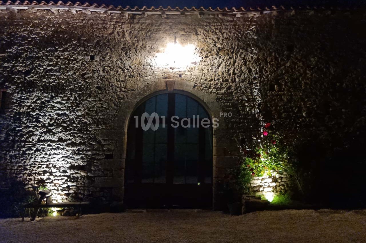 Façade en pierre éclairée de nuit avec une porte voûtée vitrée et des plantes grimpantes sur le côté.