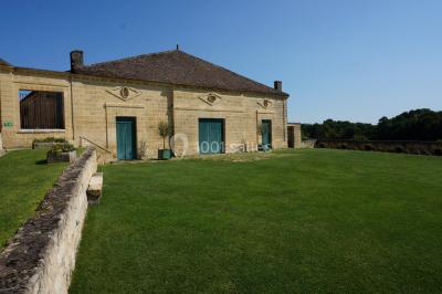 Miniature Location salle Saint-Philippe-d'Aiguille (Gironde) - Château d'Aiguilhe #16 Vue aérienne d'un domaine entouré de vignes, de bâtiments en pierre et d'un cours d'eau bordé de verdure.