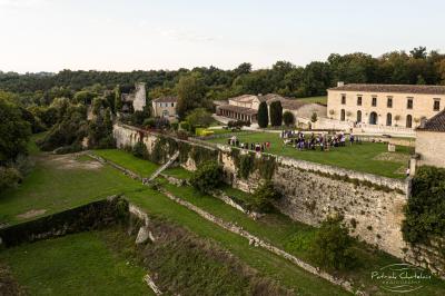 Miniature Location salle Saint-Philippe-d'Aiguille (Gironde) - Château d'Aiguilhe #4 Vue aérienne d'un domaine entouré de vignes, de bâtiments en pierre et d'un cours d'eau bordé de verdure.