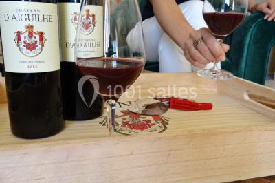 Miniature Location salle Saint-Philippe-d'Aiguille (Gironde) - Château d'Aiguilhe #14 Vue d'un lac entouré d'arbres au lever du soleil, avec des reflets sur l'eau et une légère brume.