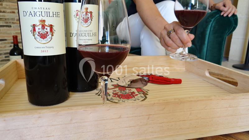 Deux verres de vin rouge et deux bouteilles sur un plateau en bois, avec une main tenant un verre.