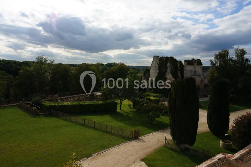 Vue d'un parc verdoyant avec des arbres, des allées et des ruines historiques sous un ciel partiellement nuageux.