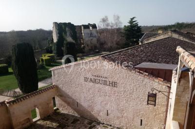 Miniature Location salle Saint-Philippe-d'Aiguille (Gironde) - Château d'Aiguilhe #2 Vue d'un lac entouré d'arbres au lever du soleil, avec des reflets sur l'eau et une légère brume.