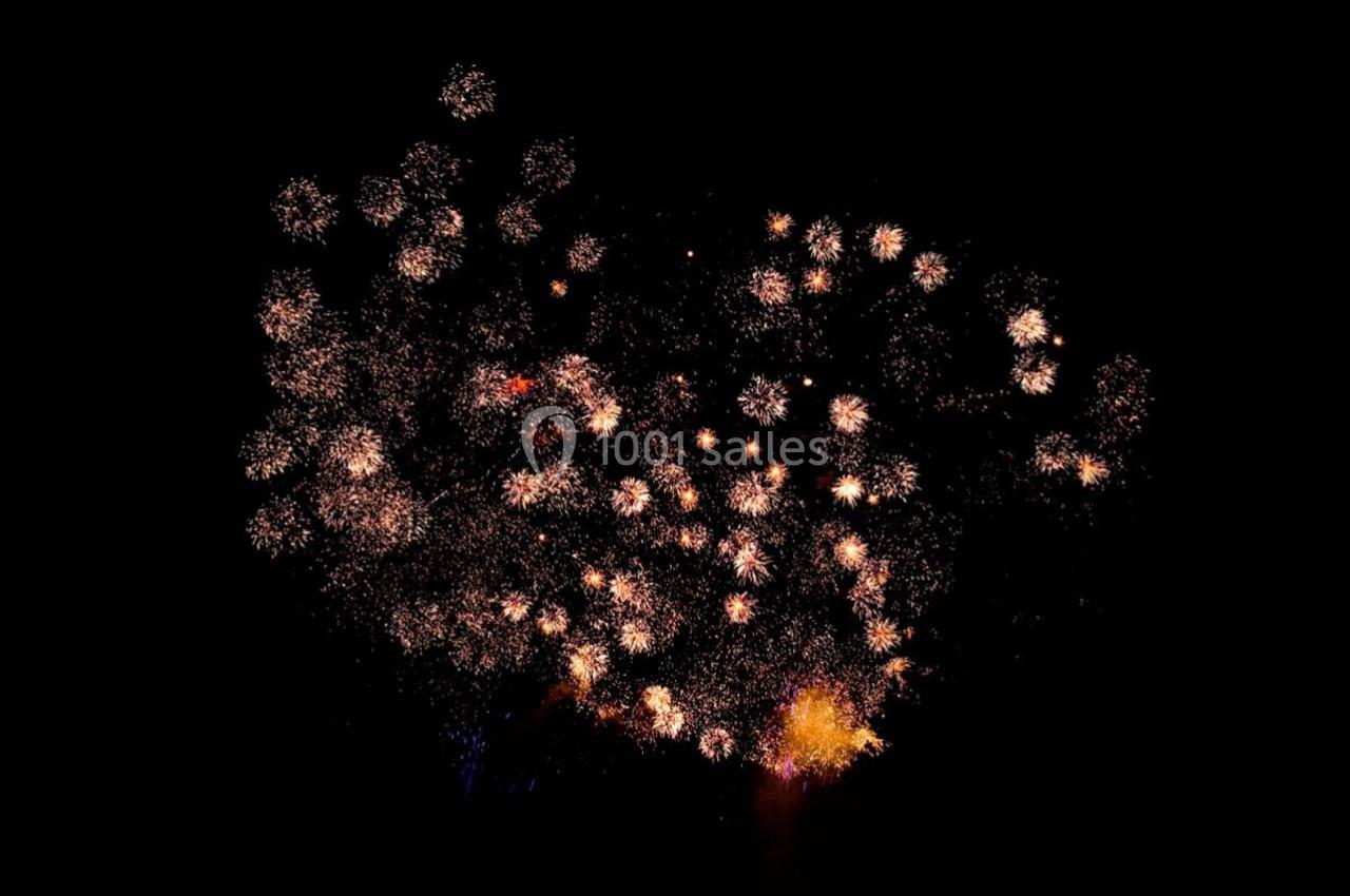 Feux d’artifice illuminant le ciel nocturne avec des éclats de lumière dorée et orange.