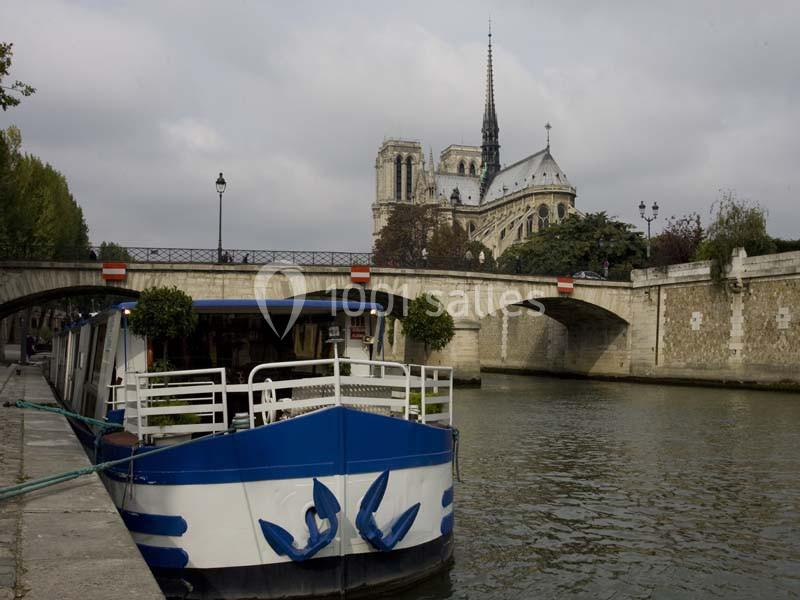 Bateau amarré sur la Seine avec la cathédrale Notre-Dame et un pont en arrière-plan par temps nuageux.