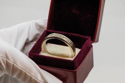 Miniature La Joaillerie #8 Anneaux en métal de différentes formes, textures et couleurs suspendus en arc sur fond blanc.