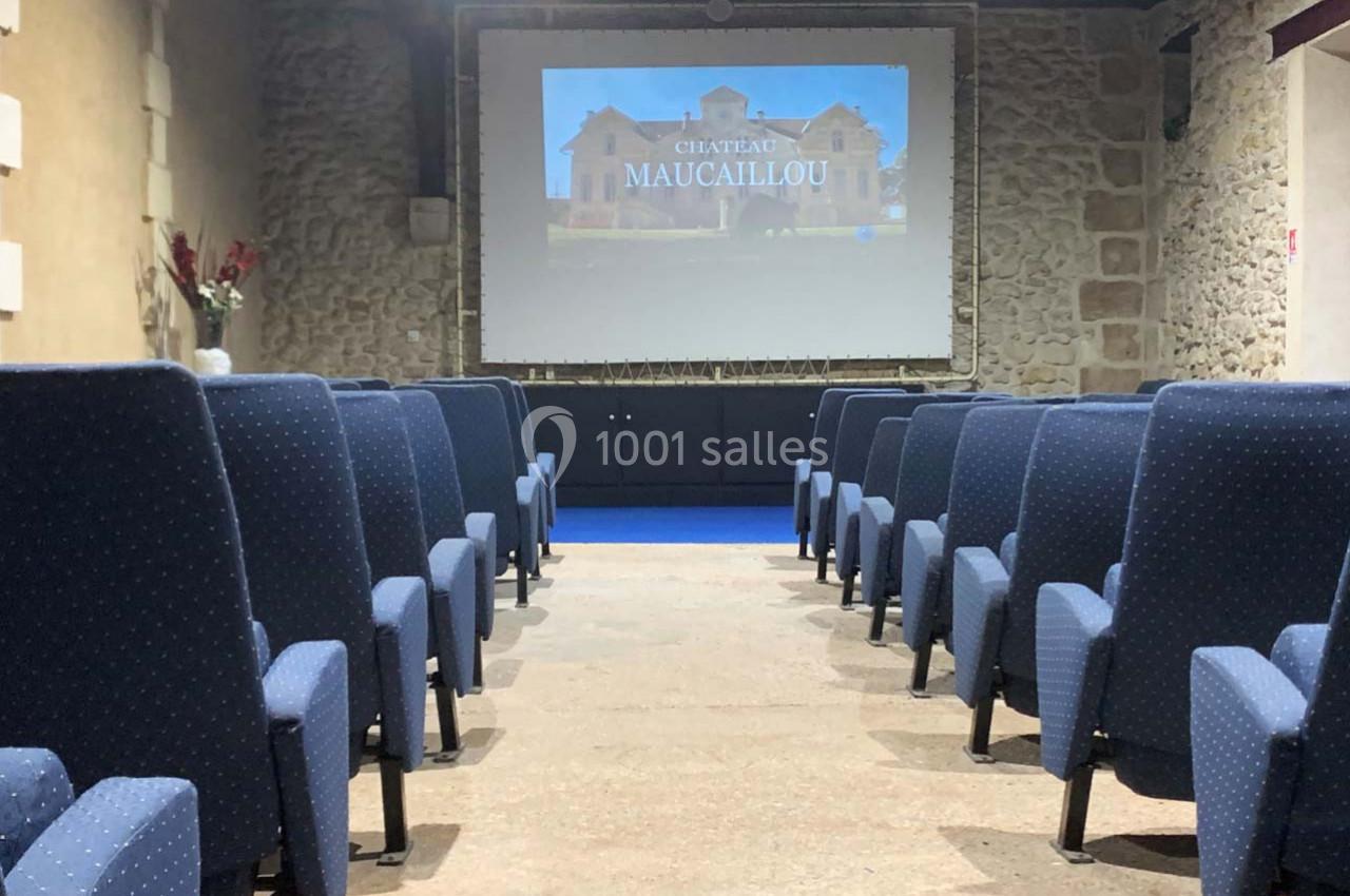 Location salle Moulis-en-Médoc (Gironde) - Château Maucaillou #10 Salle de projection avec des rangées de fauteuils bleus et un écran affichant une image du Château Maucaillou.