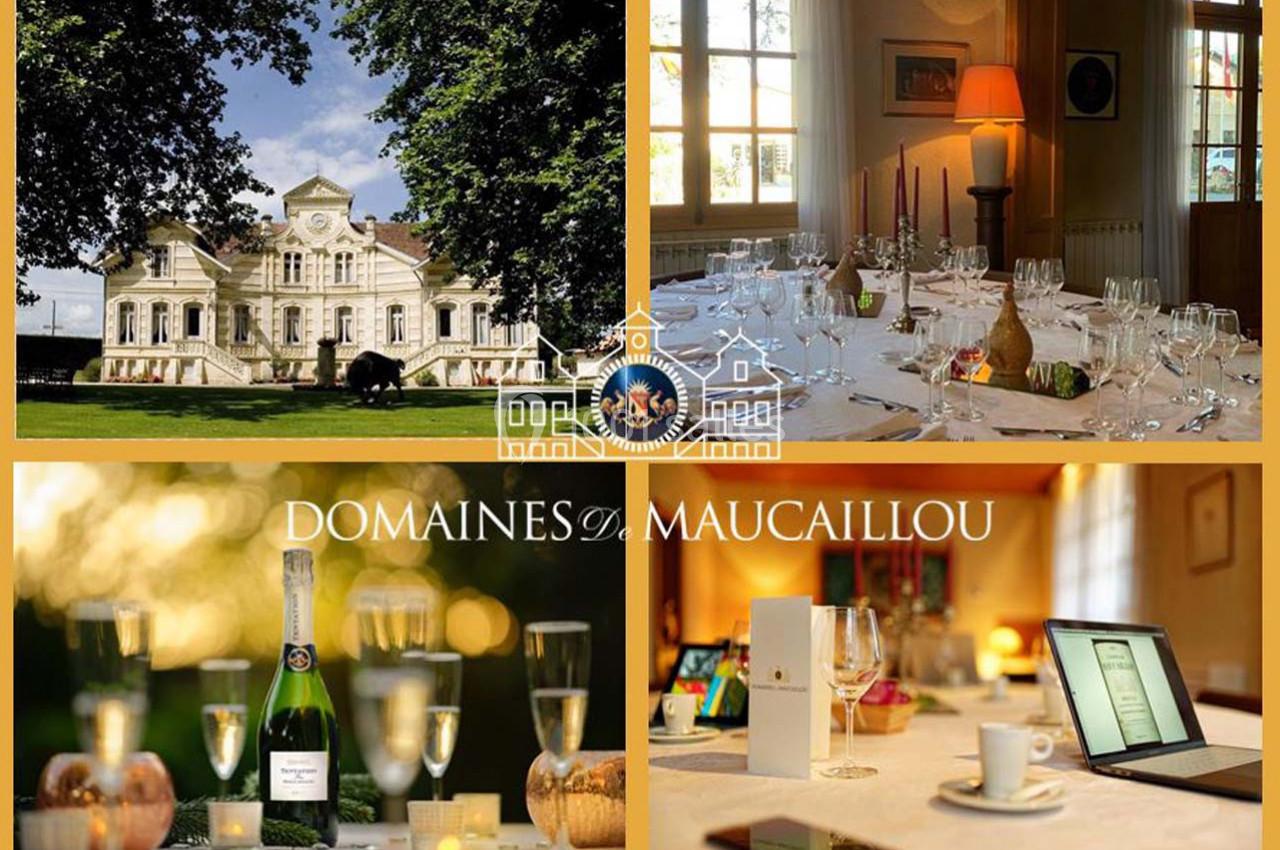Location salle Moulis-en-Médoc (Gironde) - Château Maucaillou #13 Château entouré d'arbres, table élégamment dressée, bouteille de champagne et espace de travail avec ordinateur.