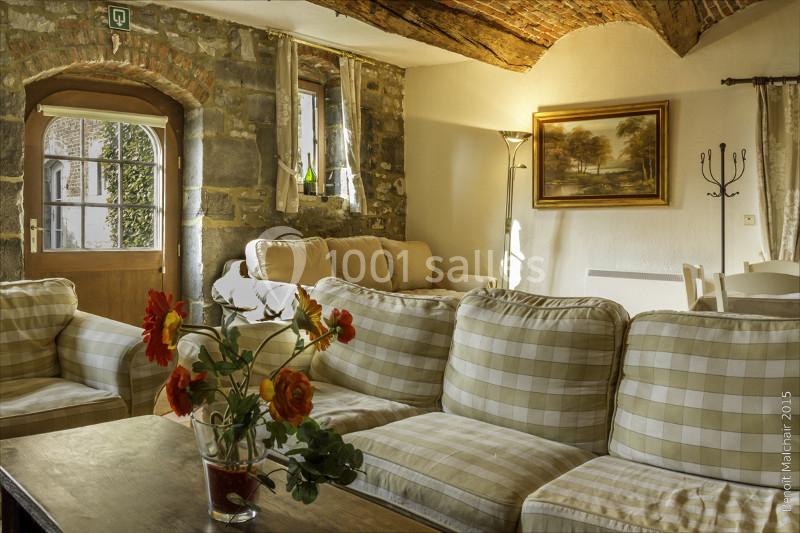 Location salle Anhée (Namur) - Ferme de l'Abbaye de Moulins #17 Salon chaleureux avec murs en pierre, plafond voûté, canapés à carreaux, tableau, et vase de fleurs rouges sur une table.