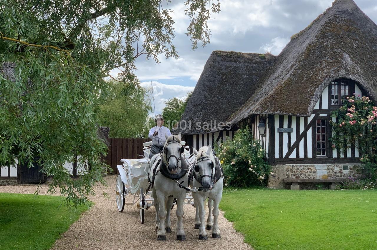 Attelage de deux chevaux blancs tirant une calèche devant des maisons à colombages et toits de chaume.