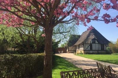 Salle de réception rustique avec poutres en bois apparentes, tables rondes dressées et chaises rouges.