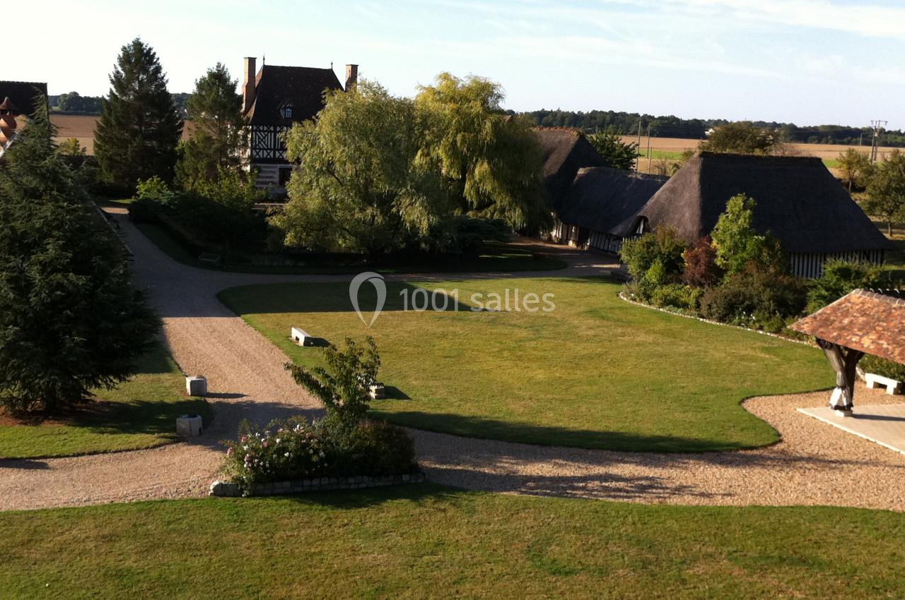 Vue d'ensemble d'un domaine avec pelouse, allées en gravier, bâtiments à colombages et toits de chaume entourés d'arbres.