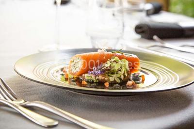 Assiette gastronomique avec une entrée élégamment dressée, comprenant foie gras, garnitures et décorations végétales.