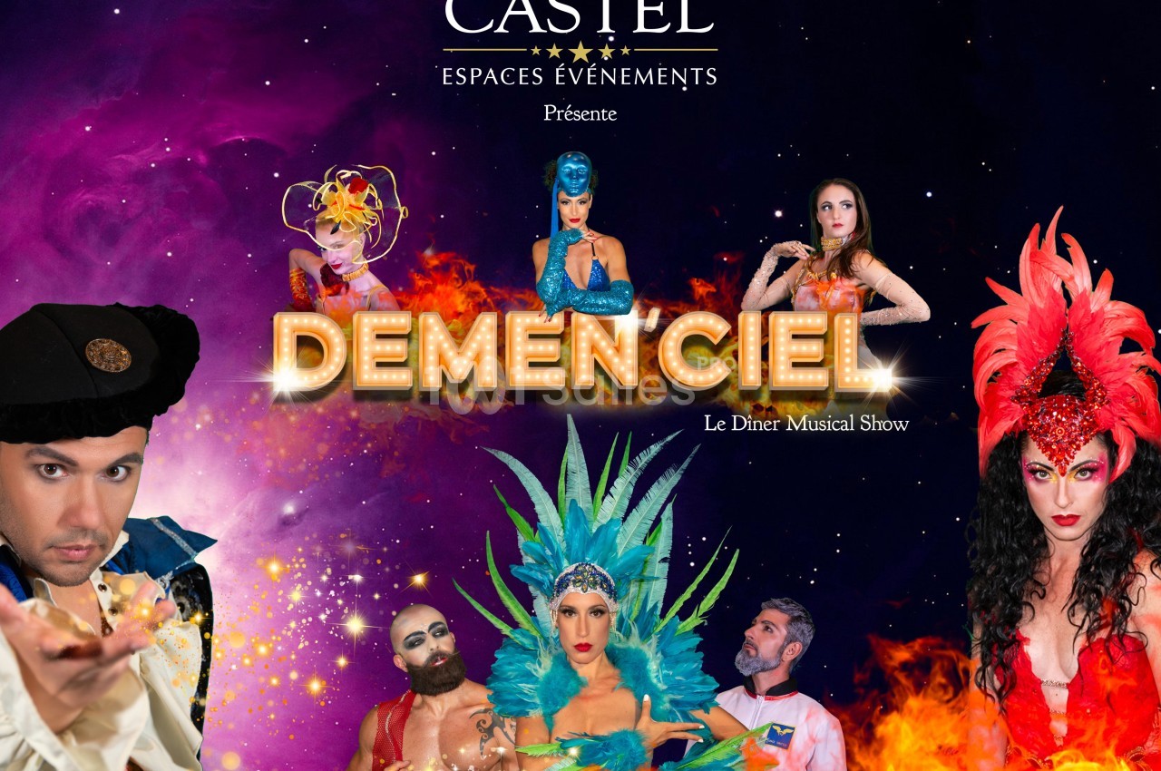 Des artistes en costumes colorés posent devant un fond cosmique avec le titre ’Demenciel’ en lettres lumineuses.