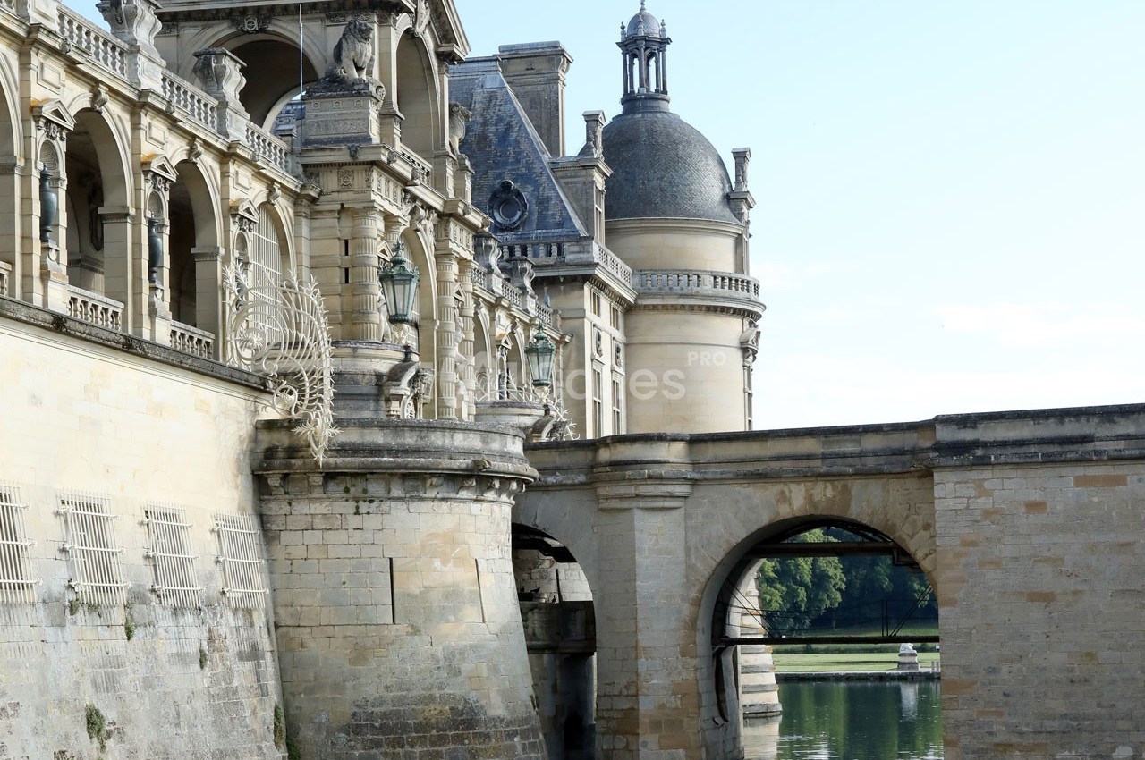 Façade d'un château historique en pierre avec pont et douves, entouré de verdure sous un ciel dégagé.