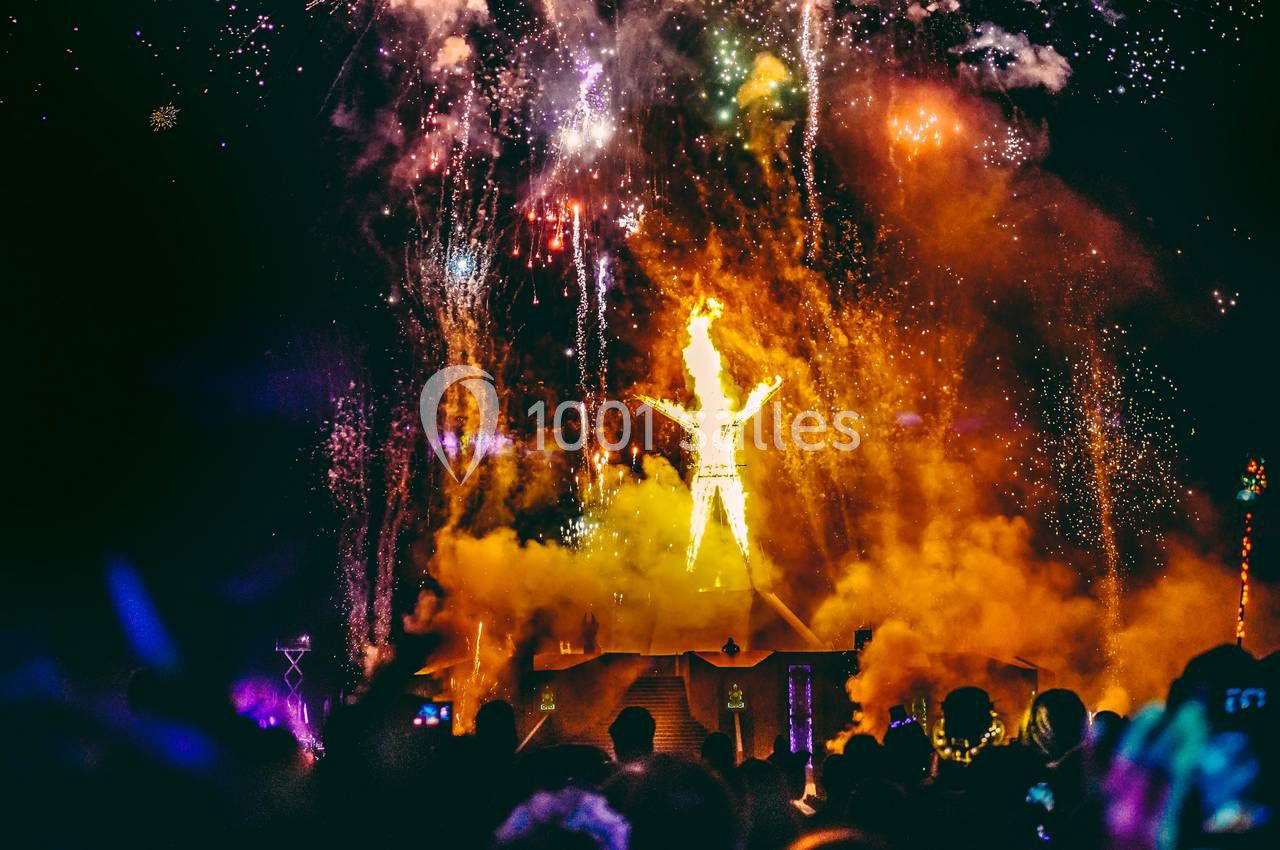 Silhouette de spectateurs devant une grande sculpture en feu entourée de feux d'artifice dans la nuit.