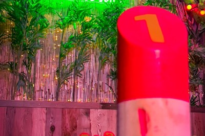 Comptoir lumineux dans une pièce voûtée en pierre, décoré de plantes, lampes et guirlandes lumineuses.