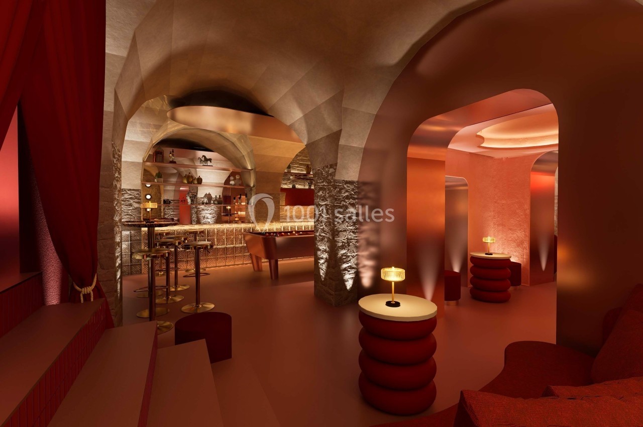 Intérieur d'un bar élégant avec voûtes en pierre, éclairage tamisé rouge et mobilier moderne.