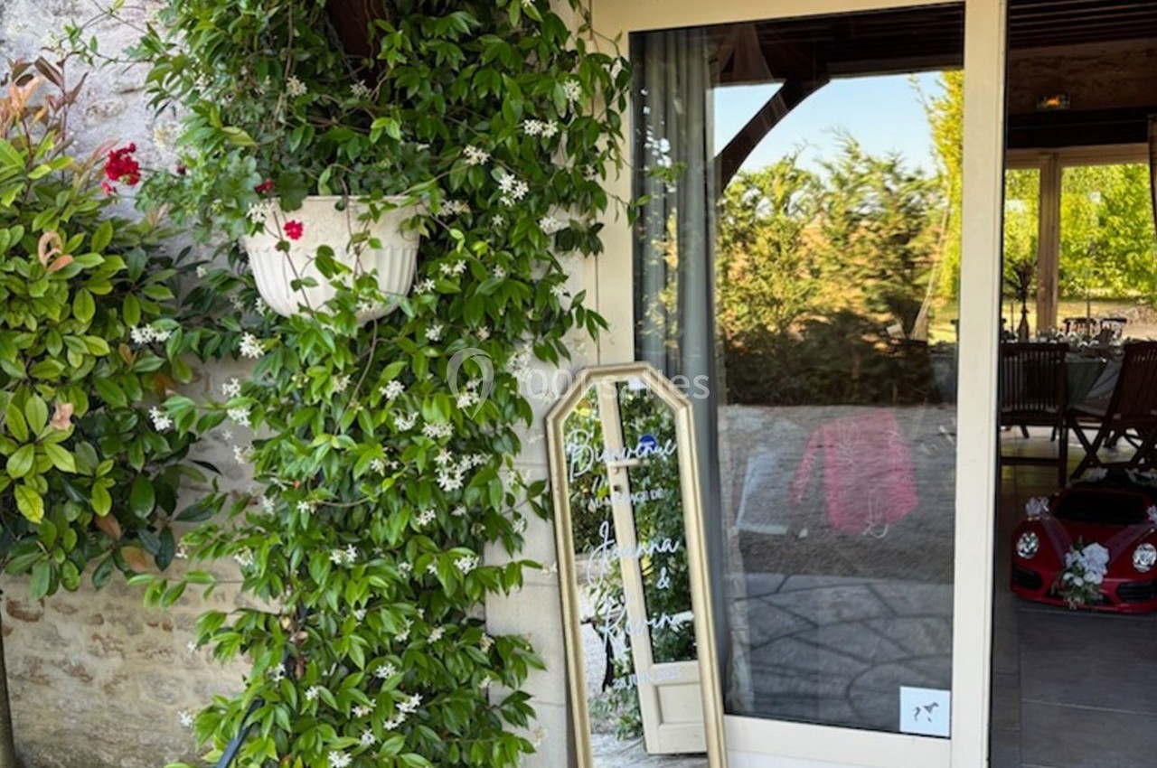 Plante grimpante fleurie sur un mur en pierre près d'une porte vitrée, avec un miroir posé à côté.